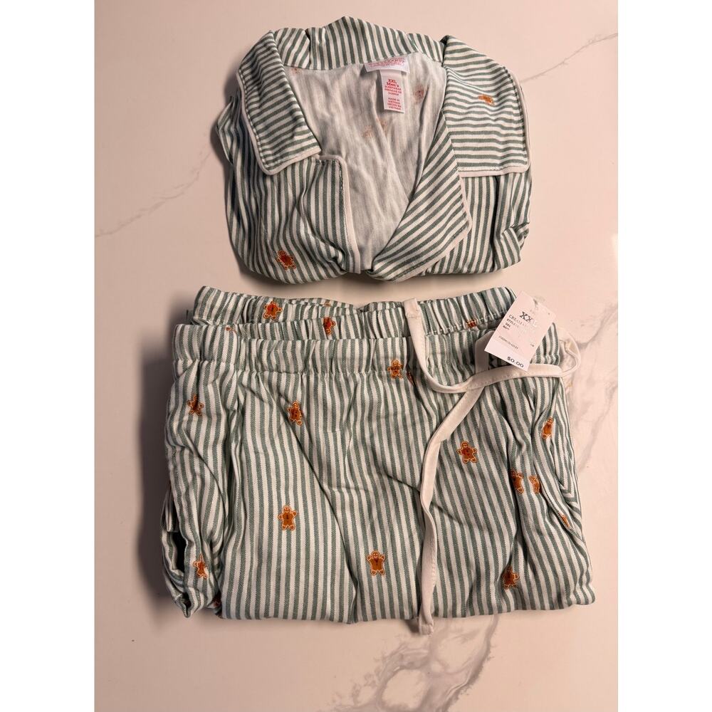 Men’s XXL Green Stripe Gingerbread Matching Family Pajama Set NWT 100% Cotton